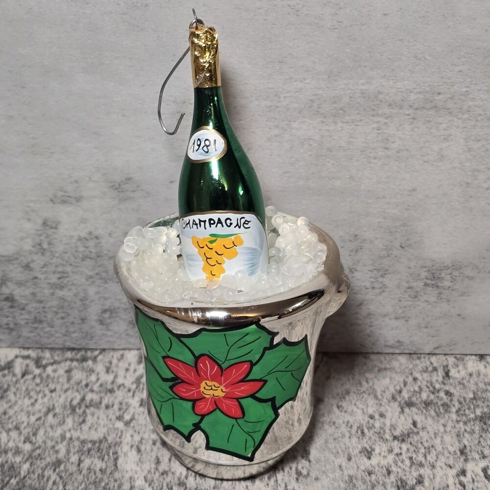 Christmas Blown Glass Ornament Champagne Wine Bottle In Ice Bucket 1993 vtg